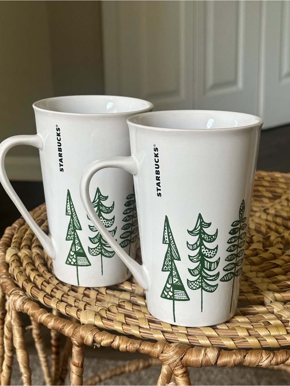 Starbucks White and Green Ceramic Tree Mugs - Pair Tall Coffee Cups Set of 2